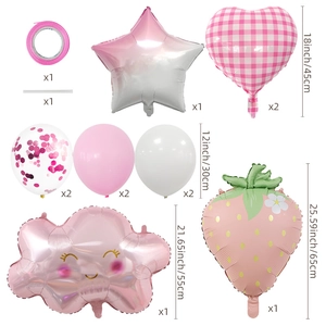 Pastel pink strawberry balloon kit with matte stars, plaid hearts and cloud for party decor