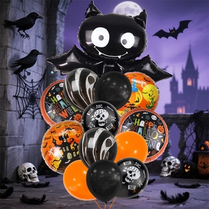 Halloween balloon set with giant black bat and orange skull motifs for party decor