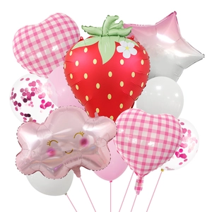Cute strawberry balloon set with pink heart and star foils for birthday party decor