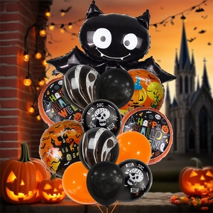 Halloween balloon set featuring smiling bat foil balloon and orange latex decorations