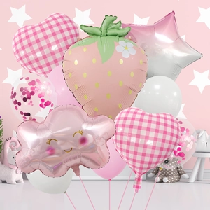 Pink strawberry and heart balloon set for girls birthday party and picnic decoration