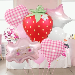 Cute strawberry party balloon set with plaid heart and smiling cloud foil balloons
