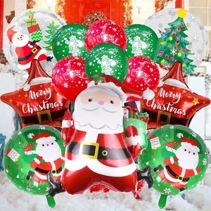 Detailed Christmas party kit with Santa foil balloon and festive red green star ornaments