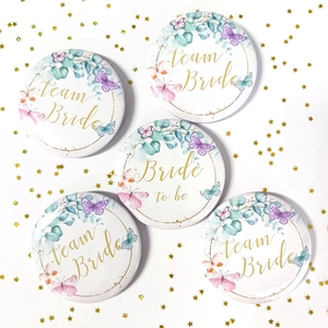5-piece Team Bride and Bride to Be tinplate badges with watercolor floral and butterfly