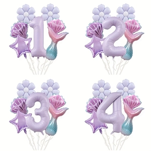 Décoration de Fête d'Anniversaire Ballon en Aluminium Thème Sirène Macaron Violet Coquillage Queue de Poisson Décor de Ballon