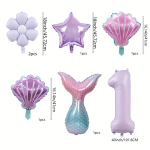 Kit ballons sirène avec coquillage violet, queue de poisson et ballon chiffre 1