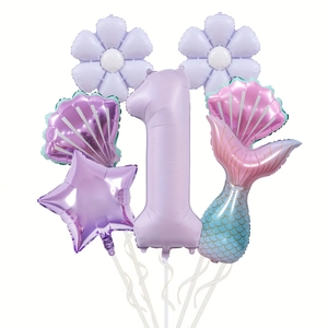 Kit ballons 1er anniversaire sirène avec queue de poisson, coquillages et chiffre un