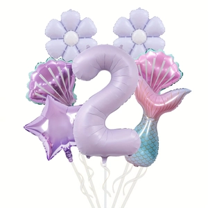 Kit ballons sirène avec chiffre 2 violet, coquillages, fleurs et queue de poisson déco
