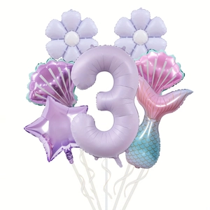 Kit ballons sirène avec chiffre 3 violet, queue de poisson, marguerite et coquillage
