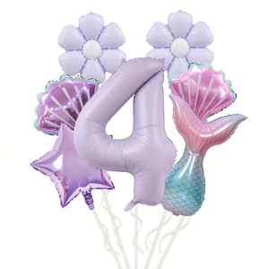 Détail du set de ballons sirène avec chiffre 4 lavande, ballons coquillage et queue de poisson