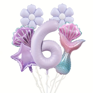 Kit ballons anniversaire sirène avec queue coquillage et ballon chiffre 6 violet