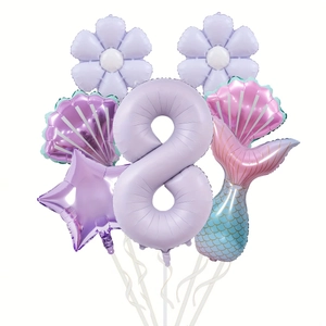 Détail de l'ensemble ballons sirène avec chiffre 8 lavande et queue de poisson