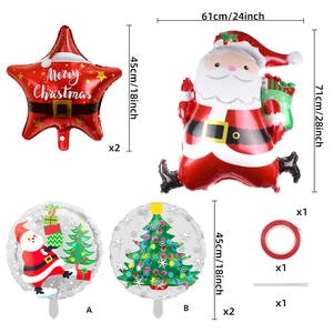 Detailed flat lay of Santa Claus foil balloon set with stars and Merry Christmas prints