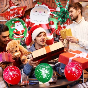 Christmas party scene with Santa Claus balloons and red star foil decorations