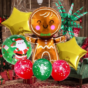Christmas balloon set with Gingerbread Man, Santa and gold stars for party decor