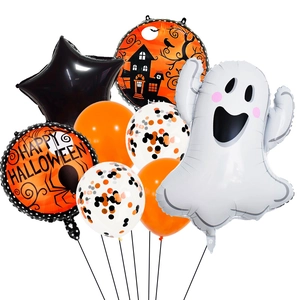 Cartoon Halloween balloon set featuring ghosts, pumpkins, and black stars for party decor