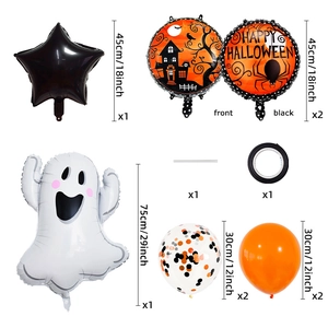 Detailed flat lay of Halloween party balloon set with ghost pumpkin and spider designs