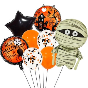 Halloween balloon set featuring large mummy foil balloon and orange latex balloons