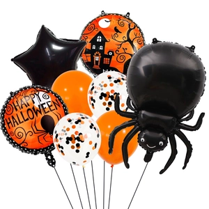 Halloween balloon set featuring giant black spider, orange pumpkin prints and star foil balloons