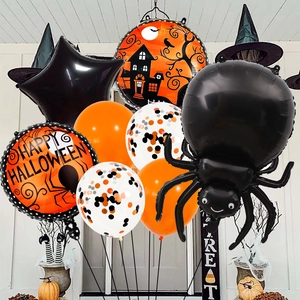 Halloween balloon kit with black spider foil and orange confetti latex balloons decor