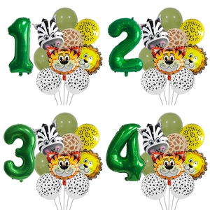 Ensemble de Ballons d'Anniversaire Animaux de la Jungle Numéro Vert Tête d'Animal en Aluminium Ballons en Latex Imprimés