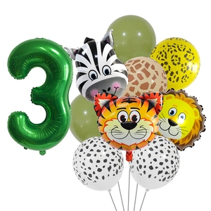 Set ballons 3e anniversaire jungle avec chiffre 3 vert et têtes d'animaux en film