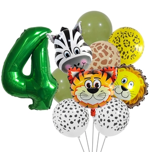 Kit ballons 4ème anniversaire jungle avec tigre lion zèbre et grand chiffre 4 vert