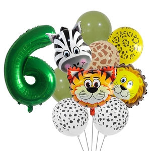 Kit ballons 6ème anniversaire thème jungle avec chiffre 6 vert et animaux safari