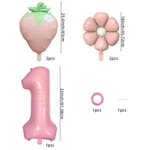 Set de cinq ballons fraise avec marguerites roses et chiffre 1 pour anniversaire