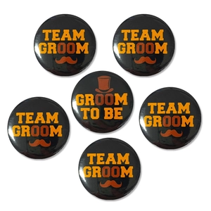 6-piece black Groom To Be and Team Groom tinplate badges set for bachelor party decoration