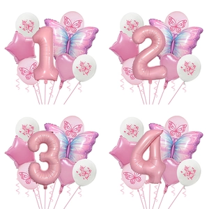 Pink butterfly balloon set with gradient foil butterfly and heart for birthday party decor