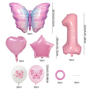 Pink butterfly and number 1 foil balloon set for first birthday party decorations
