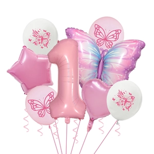 Pink butterfly 1st birthday balloon kit with number 1 foil and heart star decorations