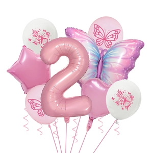 Pink and purple butterfly theme 2nd birthday party balloon set with large number 2 foil