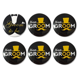 6-piece wedding party tinplate badge set with Groom to be and team GROOM designs