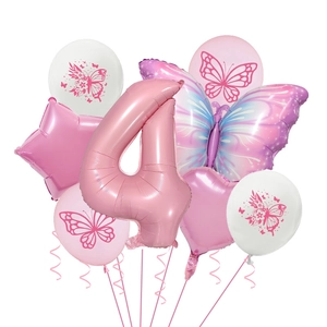 Pink number 4 foil balloon with butterfly theme party set for 4th birthday decoration