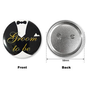 58mm Groom to Be tinplate badge with black tuxedo design for bachelor parties