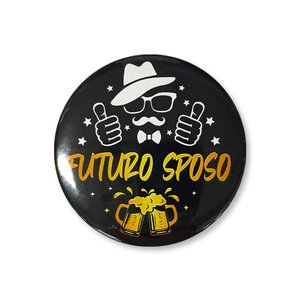 Futuro Sposo tinplate badge for grooms at bachelor parties with gentleman icon