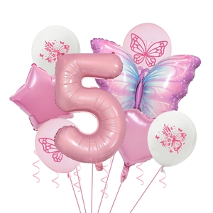 Pink number 5 and butterfly foil balloons set with floral latex balloons for 5th birthday