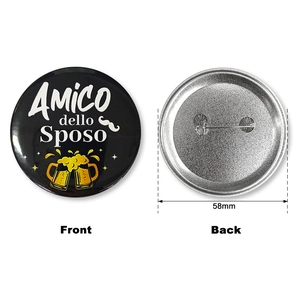 Detailed front and back view of 58mm tinplate groom's friend badge for bachelor party