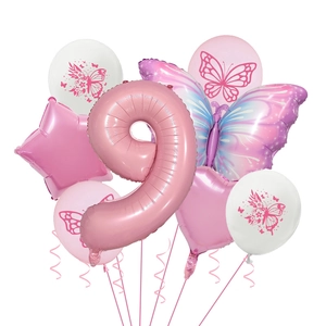 Pink butterfly balloon set with large number 9 foil balloon and floral latex balloons