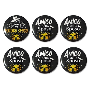 Set of 6 Italian groom and groomsmen tinplate badges for bachelor party decorations