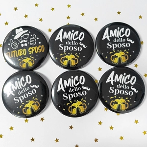 Set of 6 Italian bachelor party tinplate badges for groom and friends on festive background