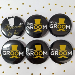 Set of 6 wedding badges including Groom to be and team GROOM designs for bachelor parties