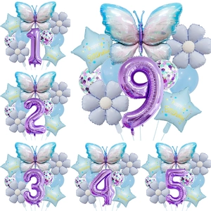 Ice Blue Butterfly Birthday Party Balloons Aluminum Foil Latex Digital Number Star Flower Decoration For Girls Kids