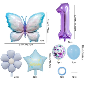 Ice blue butterfly and star foil balloon set with number one for birthday party decor