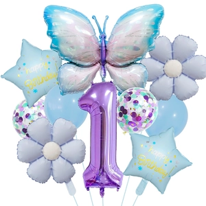 Ice blue butterfly and star balloon set for 1st birthday party decoration in soft pastel tones