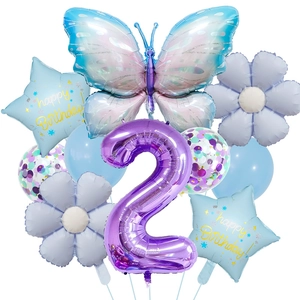 Blue and purple birthday balloon set with butterfly and large number 2 foil balloon