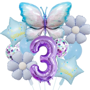 Blue butterfly balloon set for 3rd birthday party with number 3 and star foil balloons