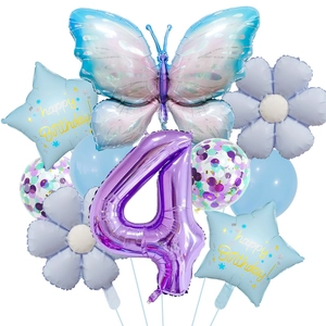 Detail of 4th birthday balloon set with blue butterfly and star foil balloons